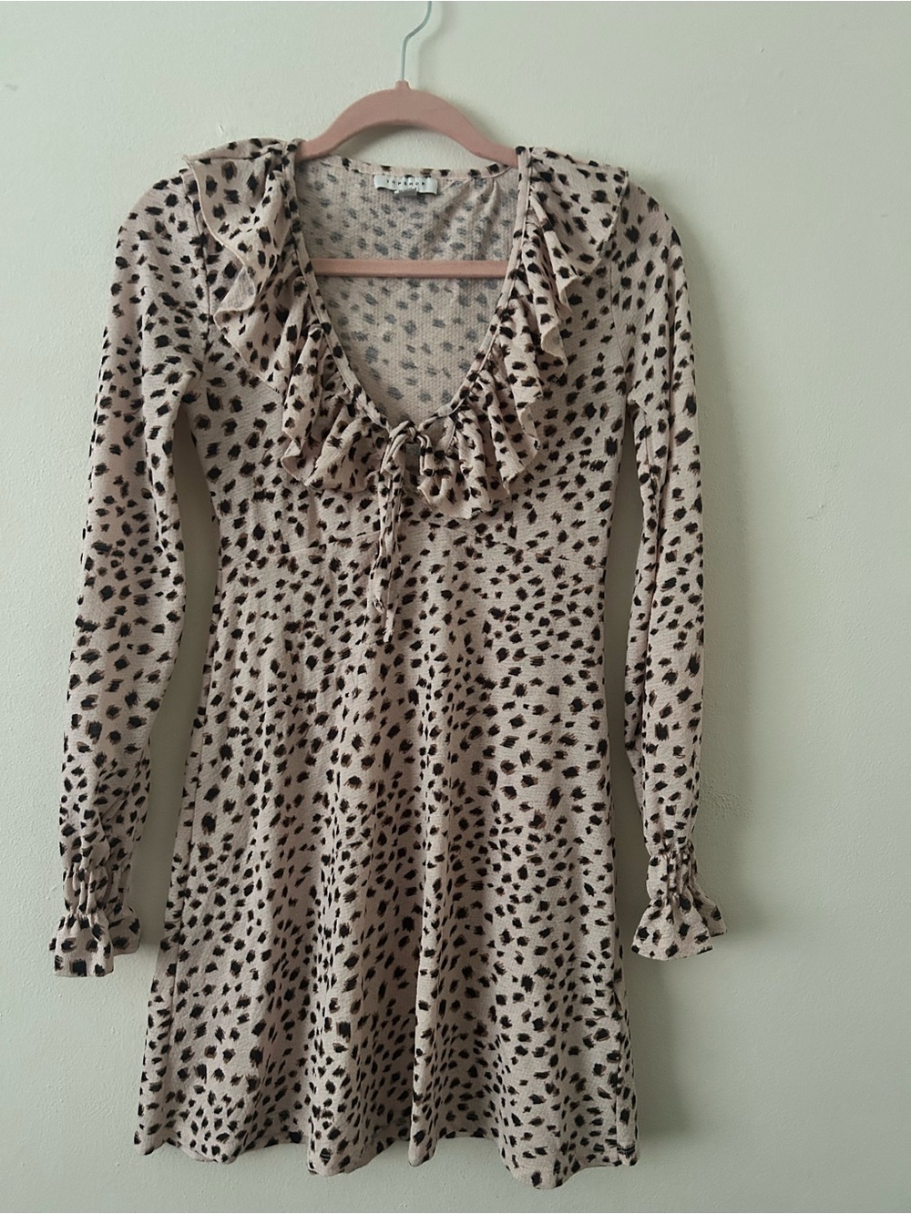 Topshop Beige Dress with Black Spot Ruffle Neck